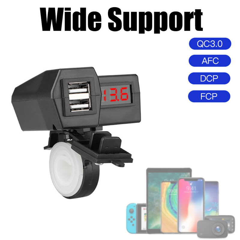 Motocyklové USB nabíjačky s dvojitým portom a voltmetrom, vodotesný kryt, vypínač 12-24V