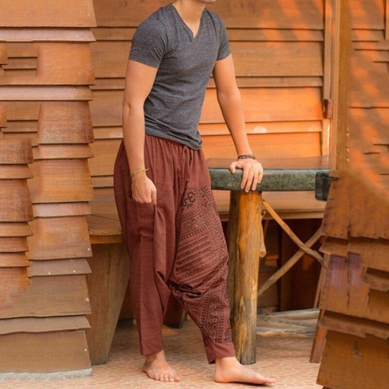 Pantaloni în stil naționalitate Pantaloni supradimensionați pentru bărbați, largi, lungi, casual, imprimeu, largi, dimensiune mari, pantaloni de naționalitate, pantaloni harem bărbat