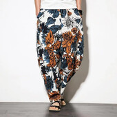 Vară Pantaloni largi pentru bărbați cu clopoței Pantaloni thailandezi Pantaloni de plajă de călătorie casual, bumbac, lenjerie, imprimare largi