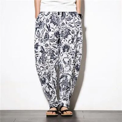Vară Pantaloni largi pentru bărbați cu clopoței Pantaloni thailandezi Pantaloni de plajă de călătorie casual, bumbac, lenjerie, imprimare largi