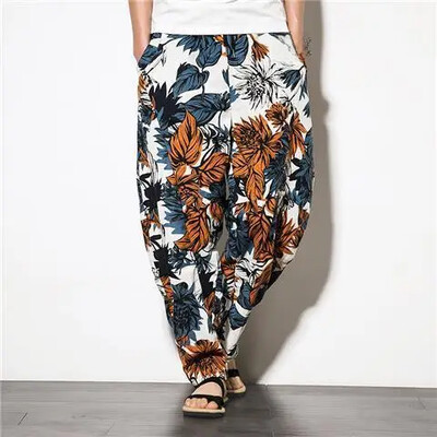 Vară Pantaloni largi pentru bărbați cu clopoței Pantaloni thailandezi Pantaloni de plajă de călătorie casual, bumbac, lenjerie, imprimare largi
