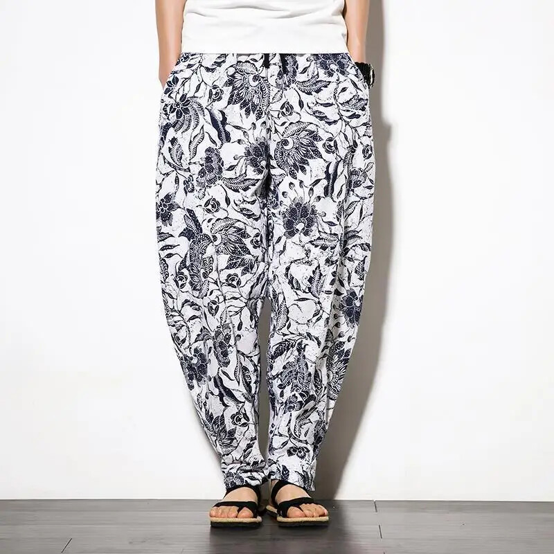 Vară Pantaloni largi pentru bărbați cu clopoței Pantaloni thailandezi Pantaloni de plajă de călătorie casual, bumbac, lenjerie, imprimare largi