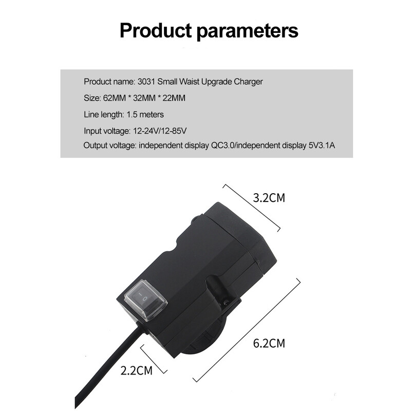 QC3.0 motocikla lādētājs ūdensizturīgs USB adapteris mobilā tālruņa dubultā USB ātrā lādētājs ar slēdža stūres stiprinājuma kronšteinu