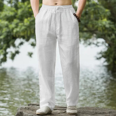 Pantaloni de plajă pentru bărbați Pantaloni de jogging Streetwear Pantaloni de trening din bumbac și in Pantaloni casual Vacanță hawaiană largi de vară lungi