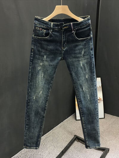 Pavasara rudens mode Vīriešu džinsi Skinny Washing Jeans Blue Stretch Klasisks zīmulis Bikses Slim Fit Streetwear Vīriešu apģērbi