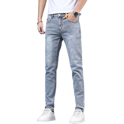Boyfriend Daily All-match Creion Blugi învechiți Bărbați Casual Slim Fit Denim Pantaloni înguste Pantaloni rupti Skinny Solid
