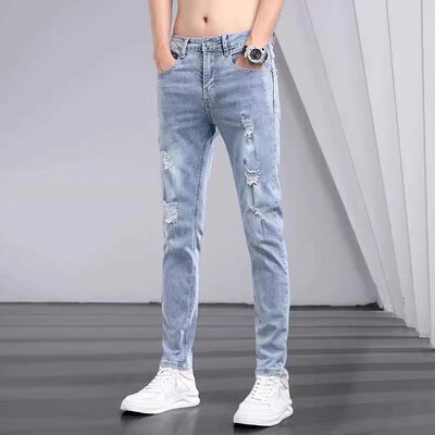 Boyfriend Daily All-match Creion Blugi învechiți Bărbați Casual Slim Fit Denim Pantaloni înguste Pantaloni rupti Skinny Solid
