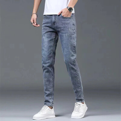Boyfriend Daily All-match Creion Blugi învechiți Bărbați Casual Slim Fit Denim Pantaloni înguste Pantaloni rupti Skinny Solid