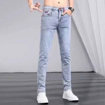 Boyfriend Daily All-match Creion Blugi învechiți Bărbați Casual Slim Fit Denim Pantaloni înguste Pantaloni rupti Skinny Solid