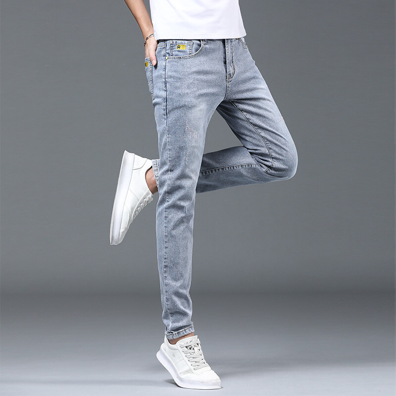 Boyfriend Daily All-match Creion Blugi învechiți Bărbați Casual Slim Fit Denim Pantaloni înguste Pantaloni rupti Skinny Solid