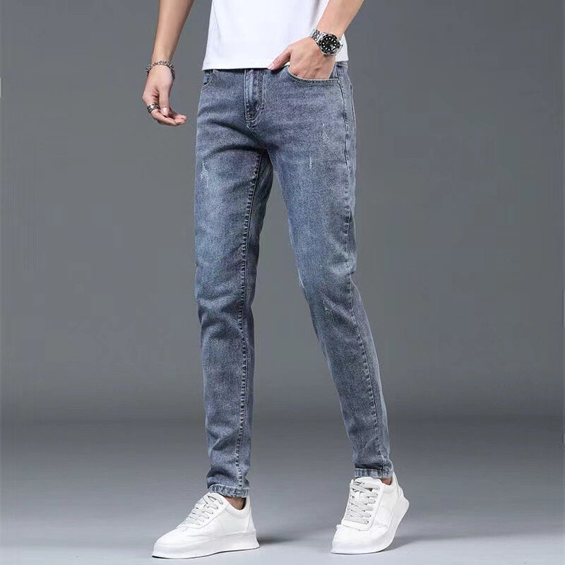 Boyfriend Daily All-match Creion Blugi învechiți Bărbați Casual Slim Fit Denim Pantaloni înguste Pantaloni rupti Skinny Solid