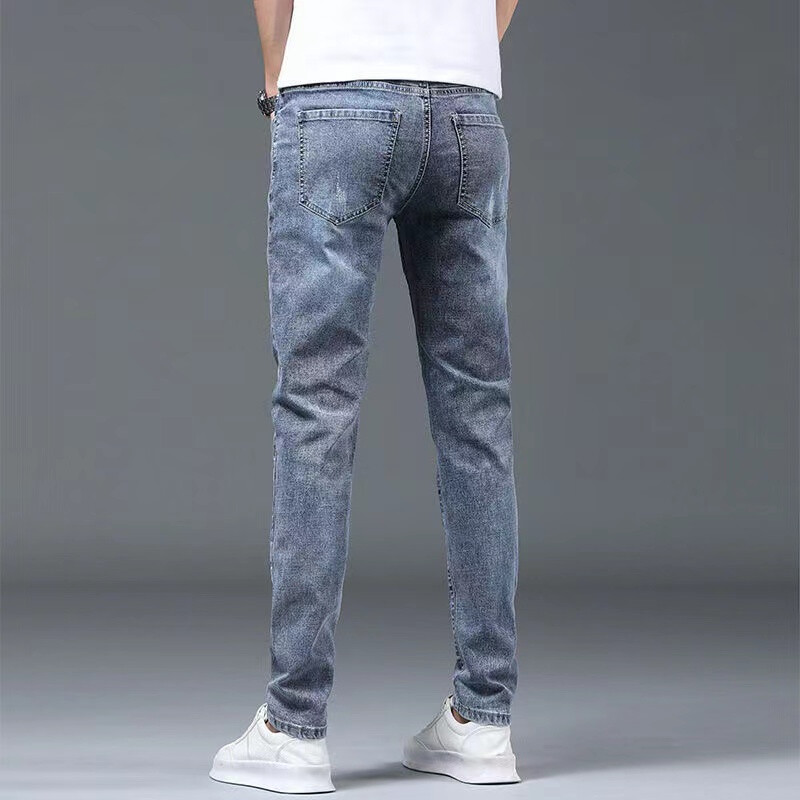 Boyfriend Daily All-match Creion Blugi învechiți Bărbați Casual Slim Fit Denim Pantaloni înguste Pantaloni rupti Skinny Solid