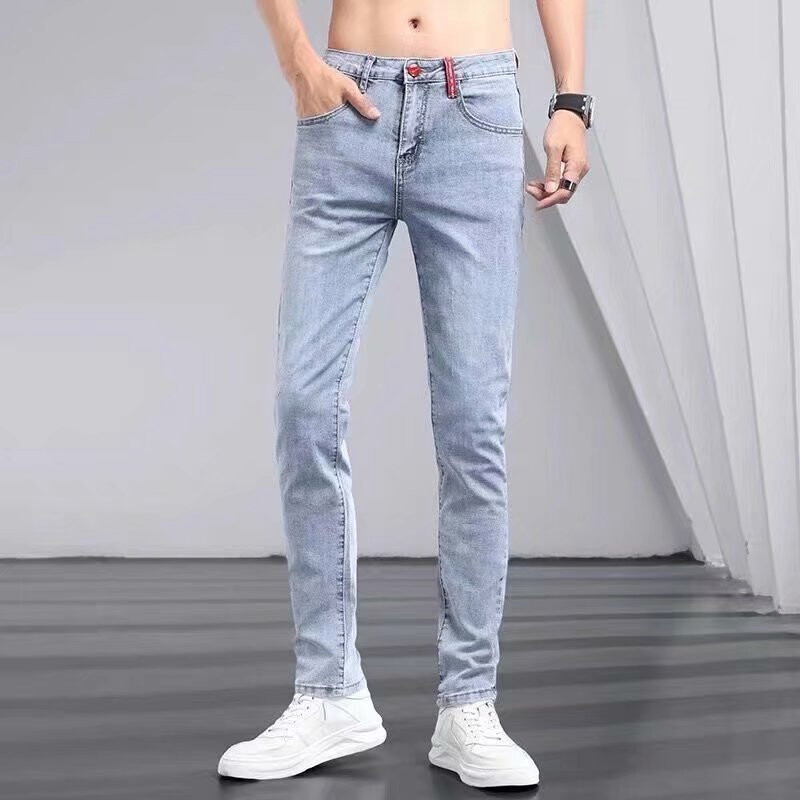 Boyfriend Daily All-match Creion Blugi învechiți Bărbați Casual Slim Fit Denim Pantaloni înguste Pantaloni rupti Skinny Solid
