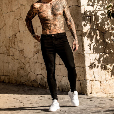 Blugi skinny cu talie elastică la modă, pentru bărbați, negri, ocazional, pantaloni de jogger, blugi pentru bărbați, pantaloni slim fit pentru bărbați.