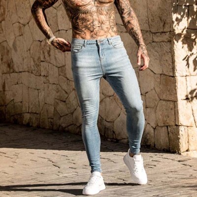 Blugi skinny cu talie elastică la modă, pentru bărbați, negri, ocazional, pantaloni de jogger, blugi pentru bărbați, pantaloni slim fit pentru bărbați.