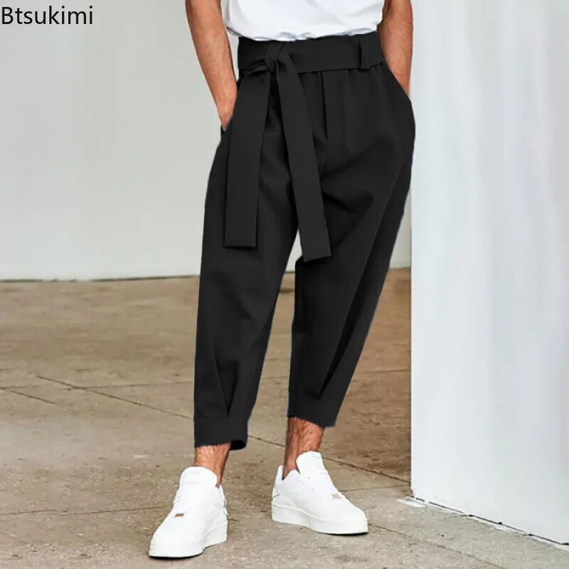 Pantaloni casual pentru bărbați, 2024, pantaloni de jogging uni, cu buzunare largi, pantaloni pentru bărbați, îmbrăcăminte de stradă, jambiere, pantaloni casual cu centură, îmbrăcăminte pentru bărbați