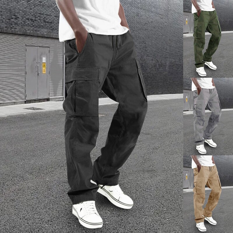 Ανδρικά παντελόνια για όλες τις εποχές Streetwear Μόδα παντελόνι Cargo με πολλές τσέπες φαρδύ παντελόνι μονόχρωμο καθημερινό παντελόνι με κορδόνια