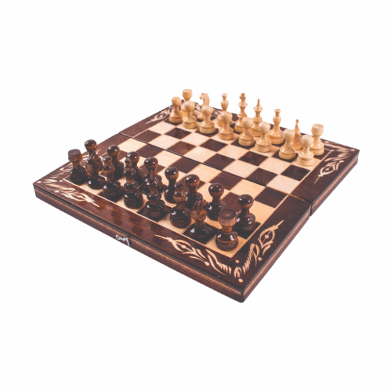 Комплект шах и табла, Дървен, Дърворезбована кутия, Кафяв, 32х32 см