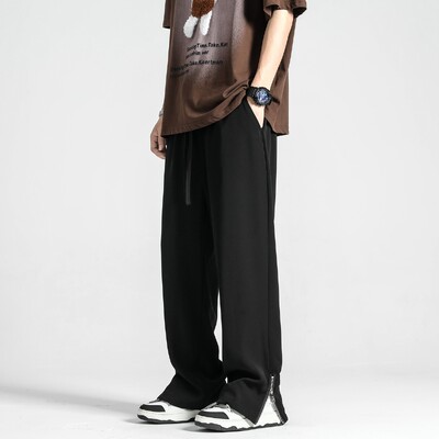 2024. gada vasara, jauns, gaišs un plāns korejiešu vīriešu ikdienas uzvalka bikses, taisnas, brīvas sporta bikses, mīkstas, sadalītas rāvējslēdzēja konstrukcijas, ietilpīgas bikses