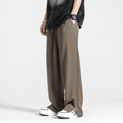 2024. gada vasara, jauns, gaišs un plāns korejiešu vīriešu ikdienas uzvalka bikses, taisnas, brīvas sporta bikses, mīkstas, sadalītas rāvējslēdzēja konstrukcijas, ietilpīgas bikses