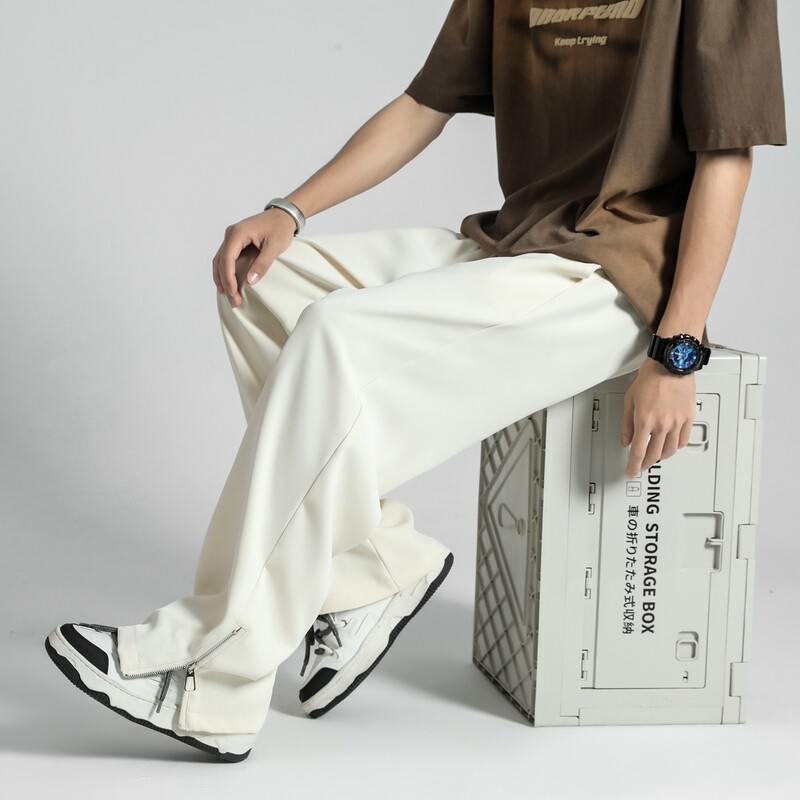 2024. gada vasara, jauns, gaišs un plāns korejiešu vīriešu ikdienas uzvalka bikses, taisnas, brīvas sporta bikses, mīkstas, sadalītas rāvējslēdzēja konstrukcijas, ietilpīgas bikses