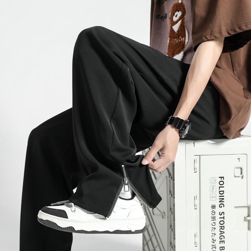 2024. gada vasara, jauns, gaišs un plāns korejiešu vīriešu ikdienas uzvalka bikses, taisnas, brīvas sporta bikses, mīkstas, sadalītas rāvējslēdzēja konstrukcijas, ietilpīgas bikses