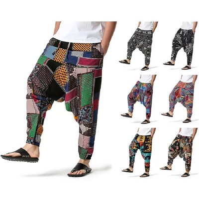 Мъжки ежедневни памучни харем панталони Бохемски стил Joggers Yoga Vintage широки панталони Sarouel Homme Hippy Hose HK02