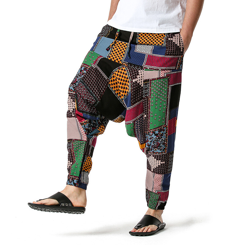 Pantaloni harem casual din bumbac pentru bărbați Pantaloni de jogging în stil boem Pantaloni largi de yoga vintage Sarouel Homme Hippy Hose HK02