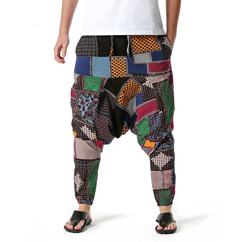 Pantaloni harem casual din bumbac pentru bărbați Pantaloni de jogging în stil boem Pantaloni largi de yoga vintage Sarouel Homme Hippy Hose HK02