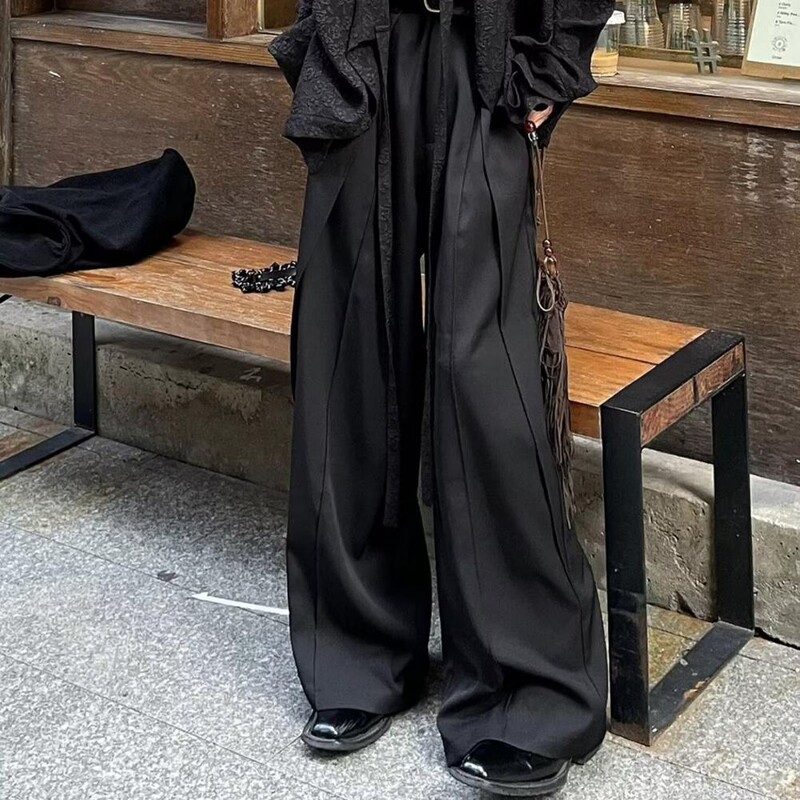 Vīriešu uzvalka bikses Retro Hop Streetwear Baggy Patchwork uzvalka bikses vīriešiem ar platu kāju garumu bikses ar kājstarpi vienkrāsains