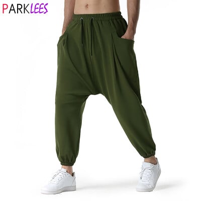 Army Green Baggy Genie Boho Yoga Harēma Bikses Kokvilna Low Drop Crotch Joggers Sporta bikses Vīriešu ikdienas Hipiju ielas apģērba bikses