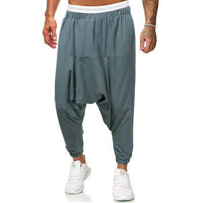 Módne bavlnené ľanové háremové nohavice pánske pevné elastické pásy streetwear joggers baggy nohavice s rozkrokom ležérne nohavice pánske