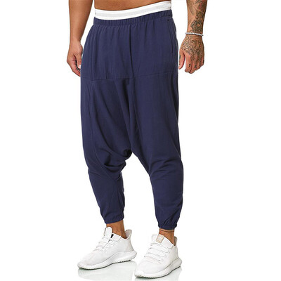 Módne bavlnené ľanové háremové nohavice pánske pevné elastické pásy streetwear joggers baggy nohavice s rozkrokom ležérne nohavice pánske