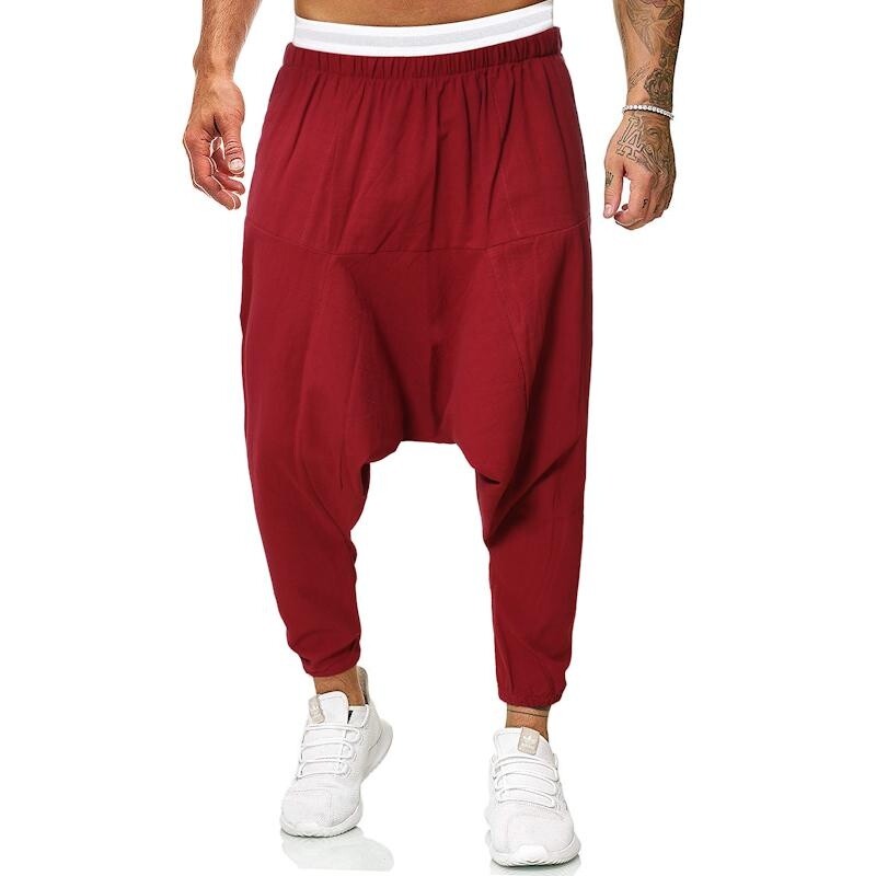 Módne bavlnené ľanové háremové nohavice pánske pevné elastické pásy streetwear joggers baggy nohavice s rozkrokom ležérne nohavice pánske