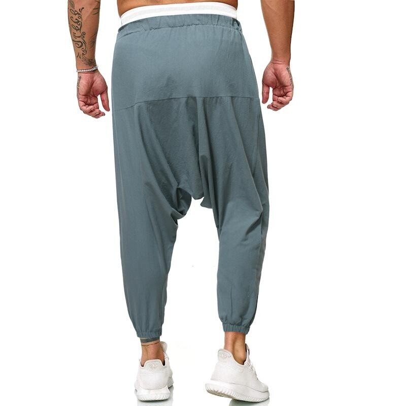 Módne bavlnené ľanové háremové nohavice pánske pevné elastické pásy streetwear joggers baggy nohavice s rozkrokom ležérne nohavice pánske