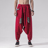 Pantaloni harem din bumbac largi hip hop pentru bărbați Pantaloni lenți pentru bărbați cu picioare largi Pantaloni vintage încrucișați în stil chinezesc pentru bărbați Pantaloni cu haine în picioare