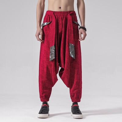 Pantaloni harem din bumbac largi hip hop pentru bărbați Pantaloni lenți pentru bărbați cu picioare largi Pantaloni vintage încrucișați în stil chinezesc pentru bărbați Pantaloni cu haine în picioare