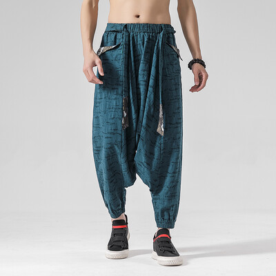 Pantaloni harem din bumbac largi hip hop pentru bărbați Pantaloni lenți pentru bărbați cu picioare largi Pantaloni vintage încrucișați în stil chinezesc pentru bărbați Pantaloni cu haine în picioare