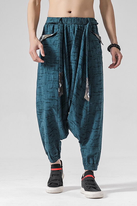 Pantaloni harem din bumbac largi hip hop pentru bărbați Pantaloni lenți pentru bărbați cu picioare largi Pantaloni vintage încrucișați în stil chinezesc pentru bărbați Pantaloni cu haine în picioare