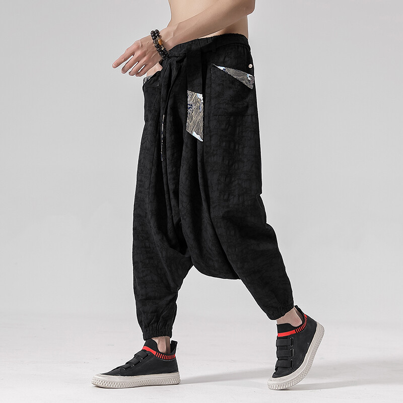Pantaloni harem din bumbac largi hip hop pentru bărbați Pantaloni lenți pentru bărbați cu picioare largi Pantaloni vintage încrucișați în stil chinezesc pentru bărbați Pantaloni cu haine în picioare