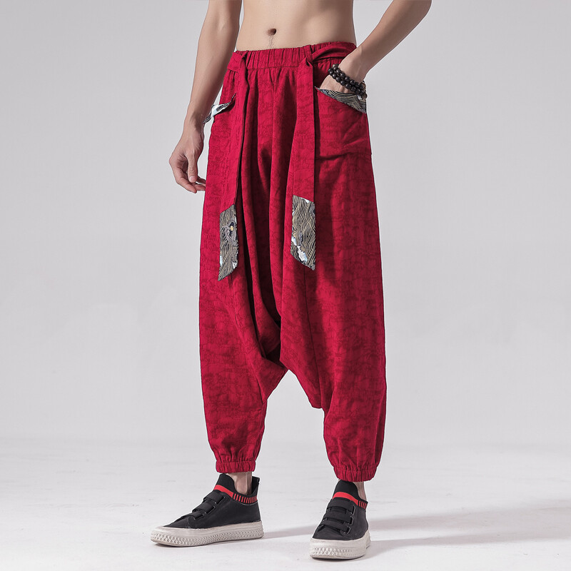 Pantaloni harem din bumbac largi hip hop pentru bărbați Pantaloni lenți pentru bărbați cu picioare largi Pantaloni vintage încrucișați în stil chinezesc pentru bărbați Pantaloni cu haine în picioare