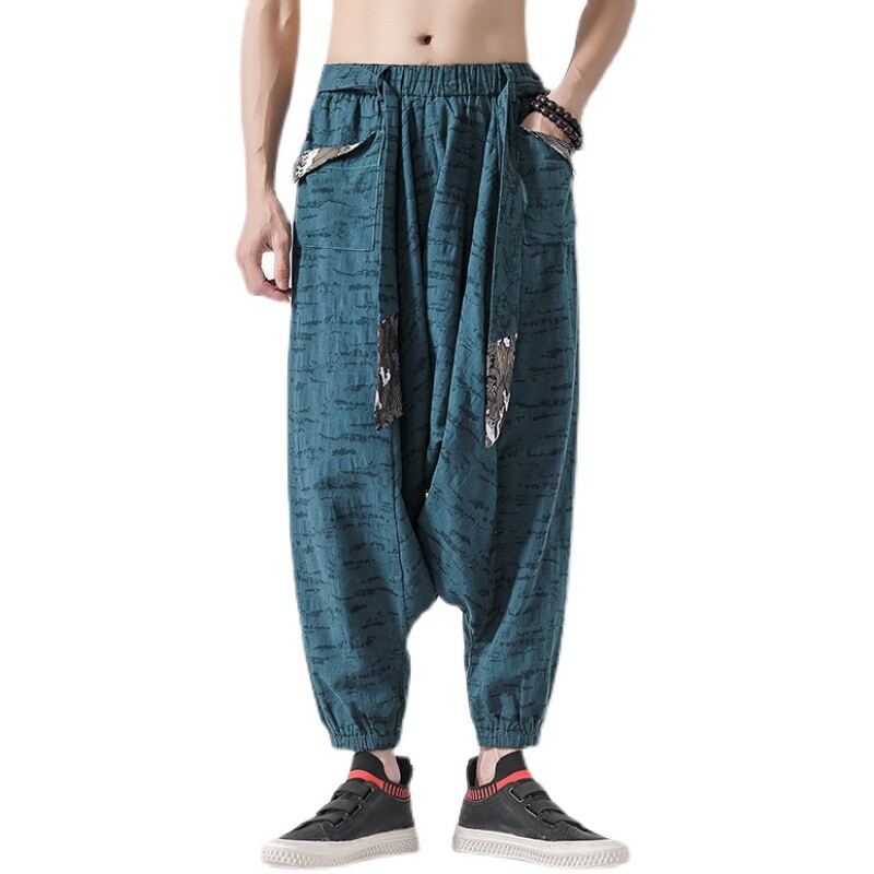 Pantaloni harem din bumbac largi hip hop pentru bărbați Pantaloni lenți pentru bărbați cu picioare largi Pantaloni vintage încrucișați în stil chinezesc pentru bărbați Pantaloni cu haine în picioare