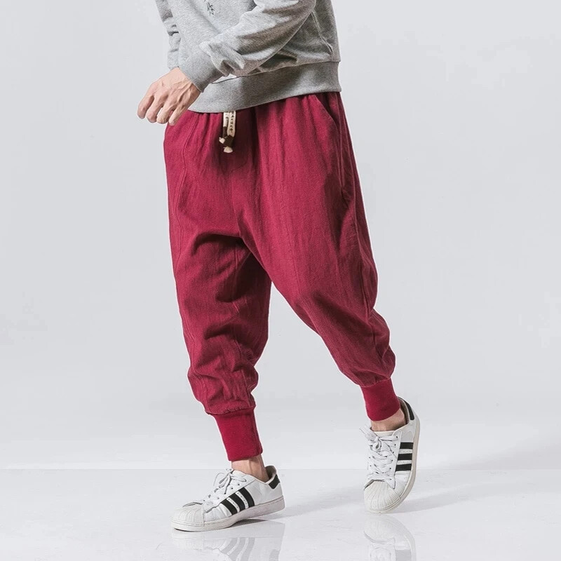 Bavlnené ľanové háremové nohavice pánske pevné elastické pásy streetwear joggers nové vrecovité nohavice s rozkrokom ležérne pánske nohavice