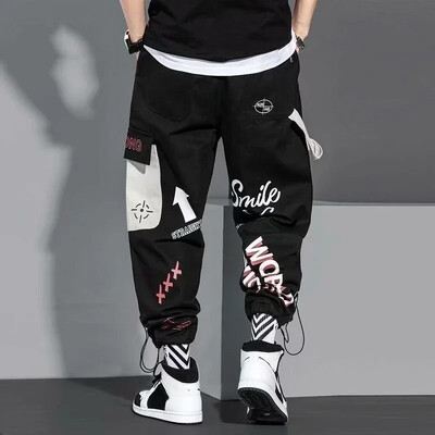 Meeste püksid suvised grafiti mustad meeste kaubapüksid hip hop suur emo kott puuvillane Harajuku ülisuured tänavapüksid Y2k