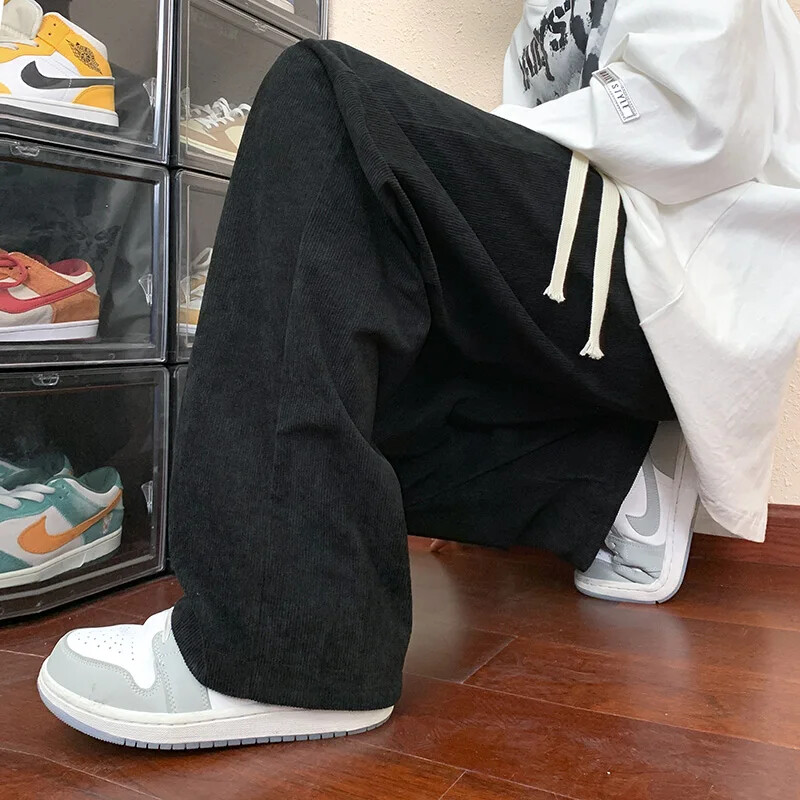 Pánske nohavice z pevného manšestru s vysokým pásom, ležérne, vrecovité, skladané, voľné, tepláky, jesenné, široké nohavice, americké zmyselné nohavice pre mužov