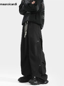 Mauroicardi tavaszi őszi hosszú, laza, alkalmi táskás, folyékony puha fekete széles szárú férfi nadrág húzózsinórral, magas derekú ruházat 2024