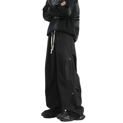 Mauroicardi tavaszi őszi hosszú, laza, alkalmi táskás, folyékony puha fekete széles szárú férfi nadrág húzózsinórral, magas derekú ruházat 2024