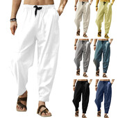 Pantaloni harem din bumbac, in, pentru bărbați, cu talie elastică solidă, pantaloni de jogging, pantaloni largi, cu crotch, pantaloni casual bărbați, 2023