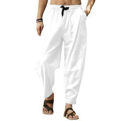 Pantaloni harem din bumbac, in, pentru bărbați, cu talie elastică solidă, pantaloni de jogging, pantaloni largi, cu crotch, pantaloni casual bărbați, 2023