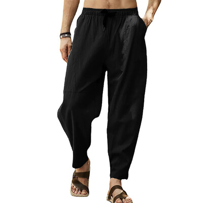 Pantaloni harem din bumbac, in, pentru bărbați, cu talie elastică solidă, pantaloni de jogging, pantaloni largi, cu crotch, pantaloni casual bărbați, 2023